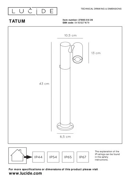 Lucide TATUM - Pollerleuchte - LED - 1x4,5W 3000K - IP65 - Anthrazit - TECHNISCH